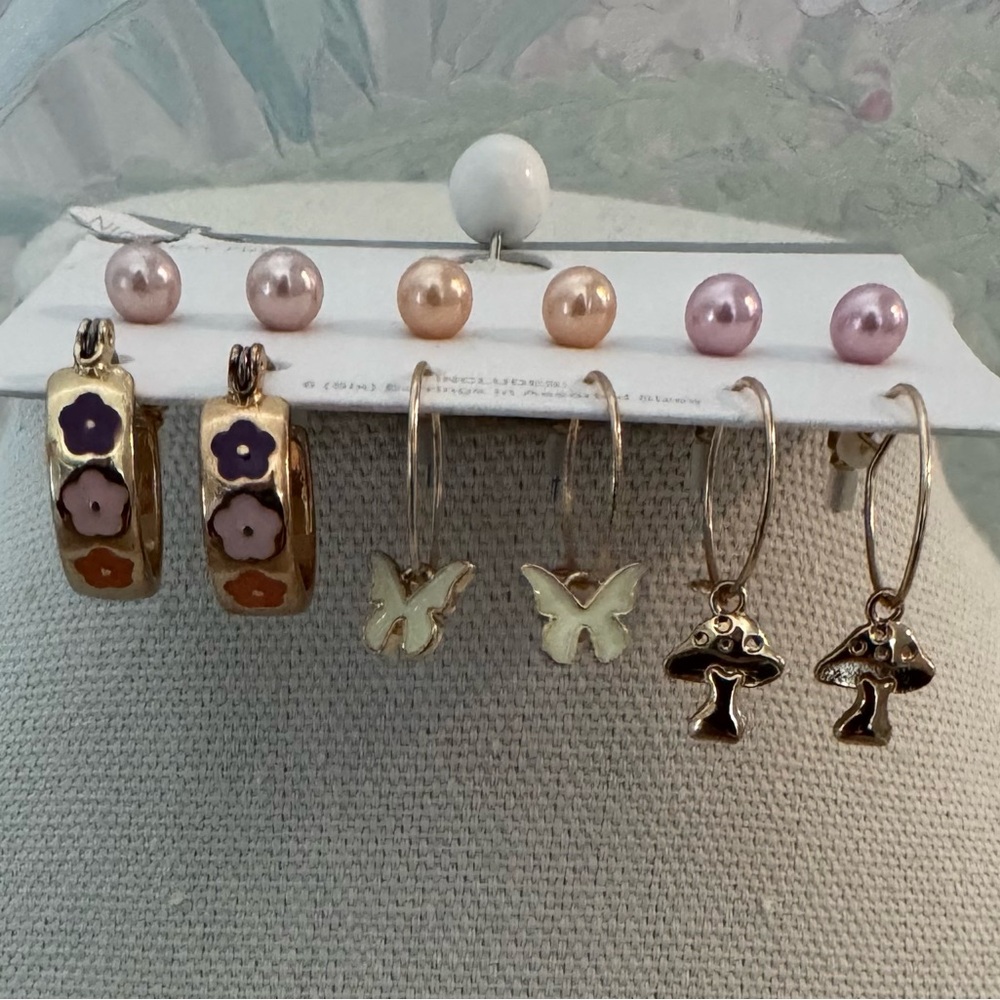 NWT 5 Below 6 Pairs of Earrings Faux Pearls Butterflies Mushrooms Flower Hoops